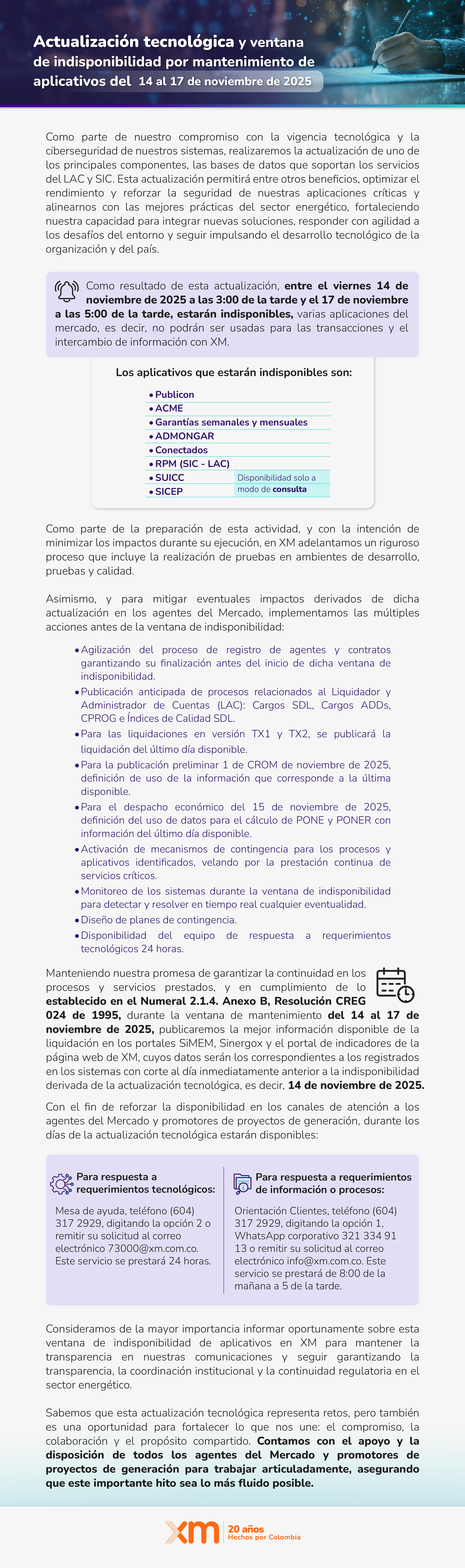 Actualización tecnológica y ventana de indisponibilidad por mantenimiento de aplicativos del 14 al 17 de noviembre de 2025