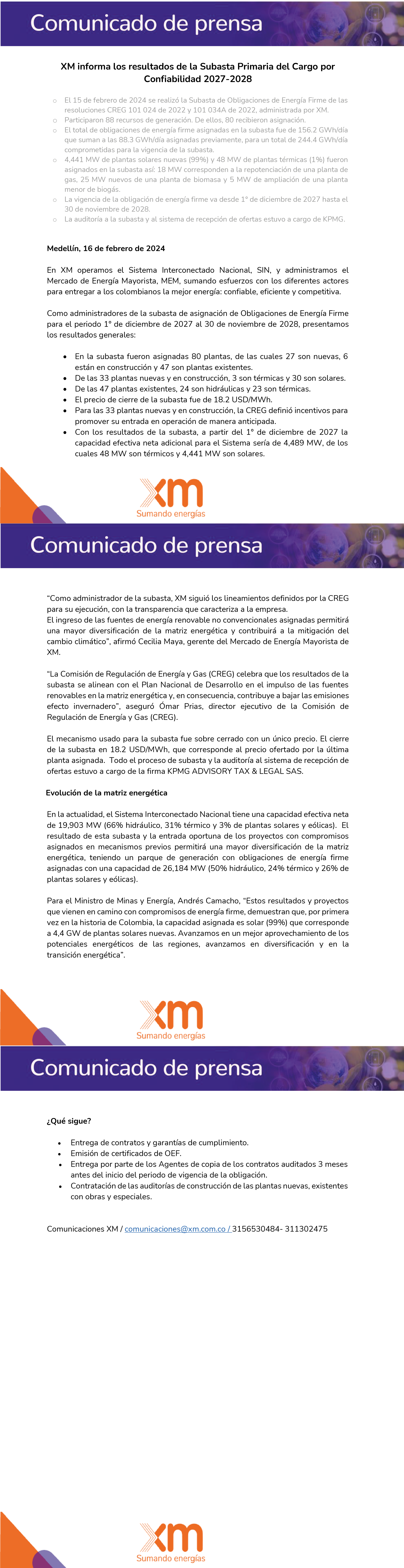 Comunicado de prensa Subasta