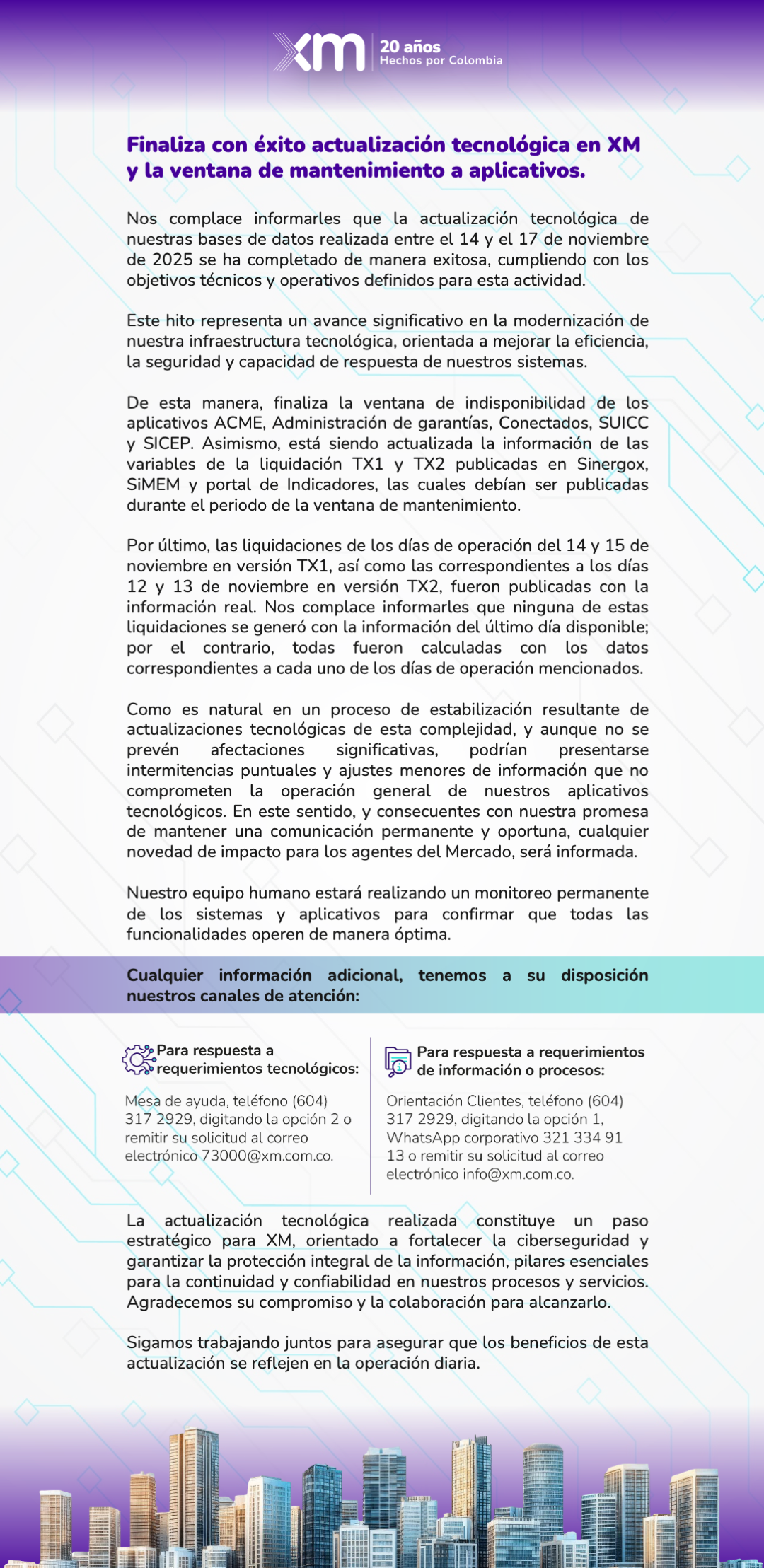 Finaliza con éxito actualización tecnológica en XM y la ventana de mantenimiento a aplicativos