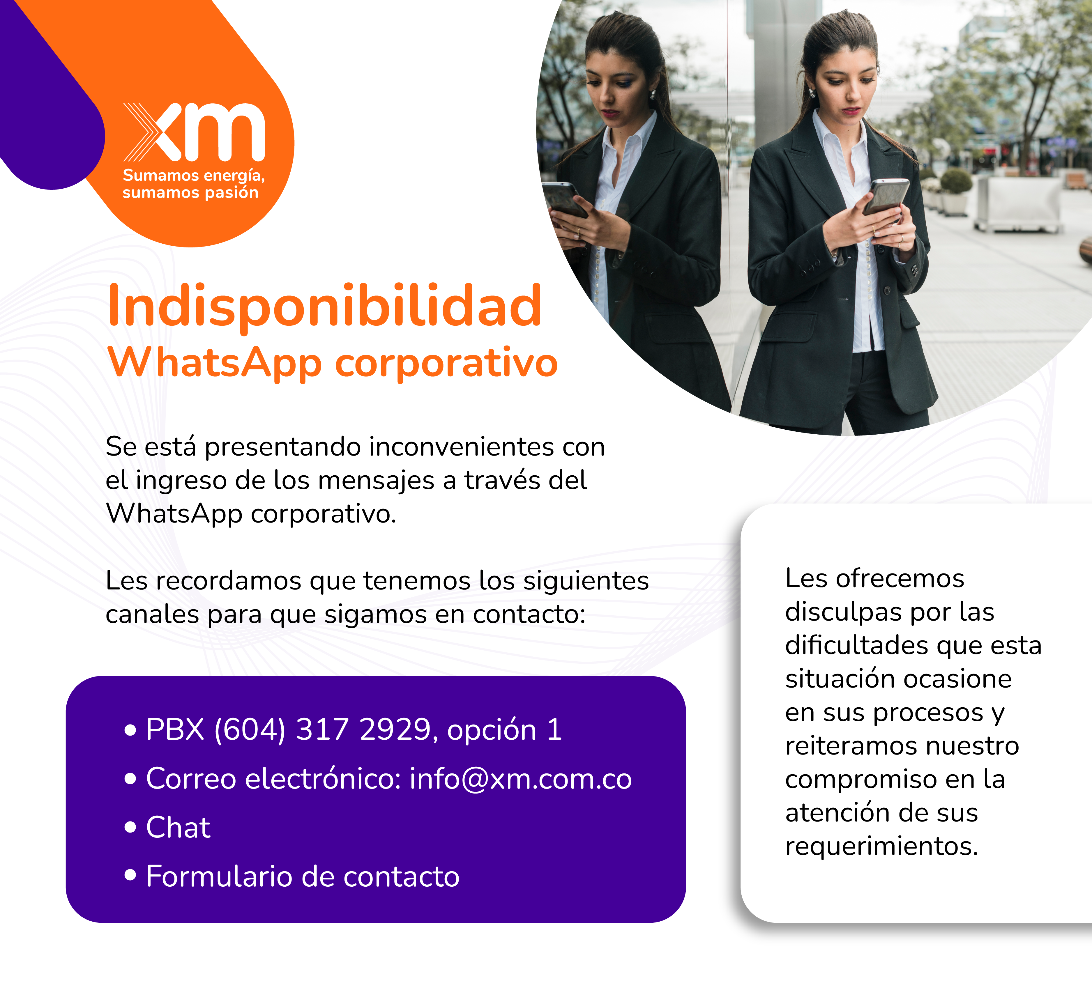 Indisponibilidad en el WhatsApp corporativo XM