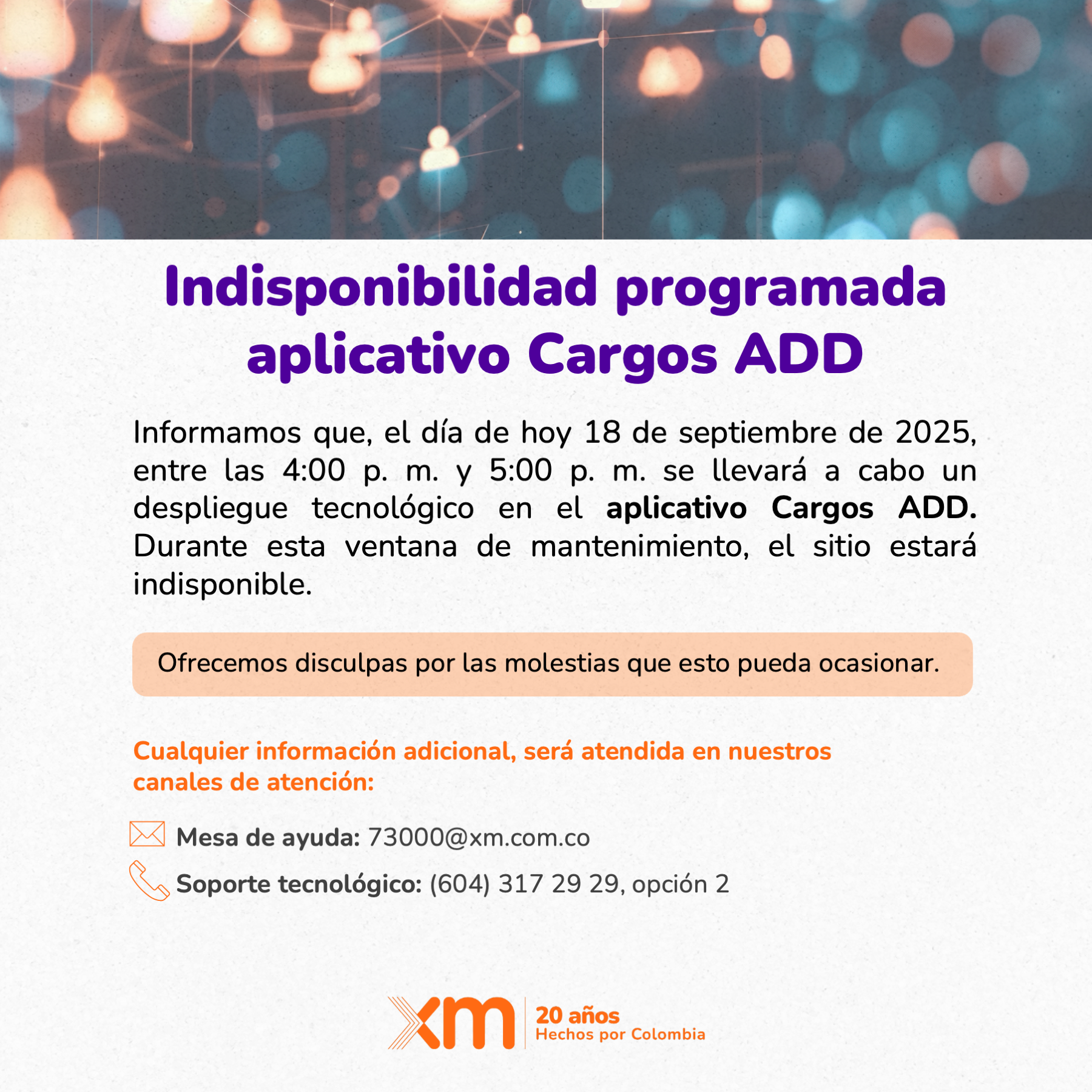 Indisponibilidad programada aplicativo Cargos ADD