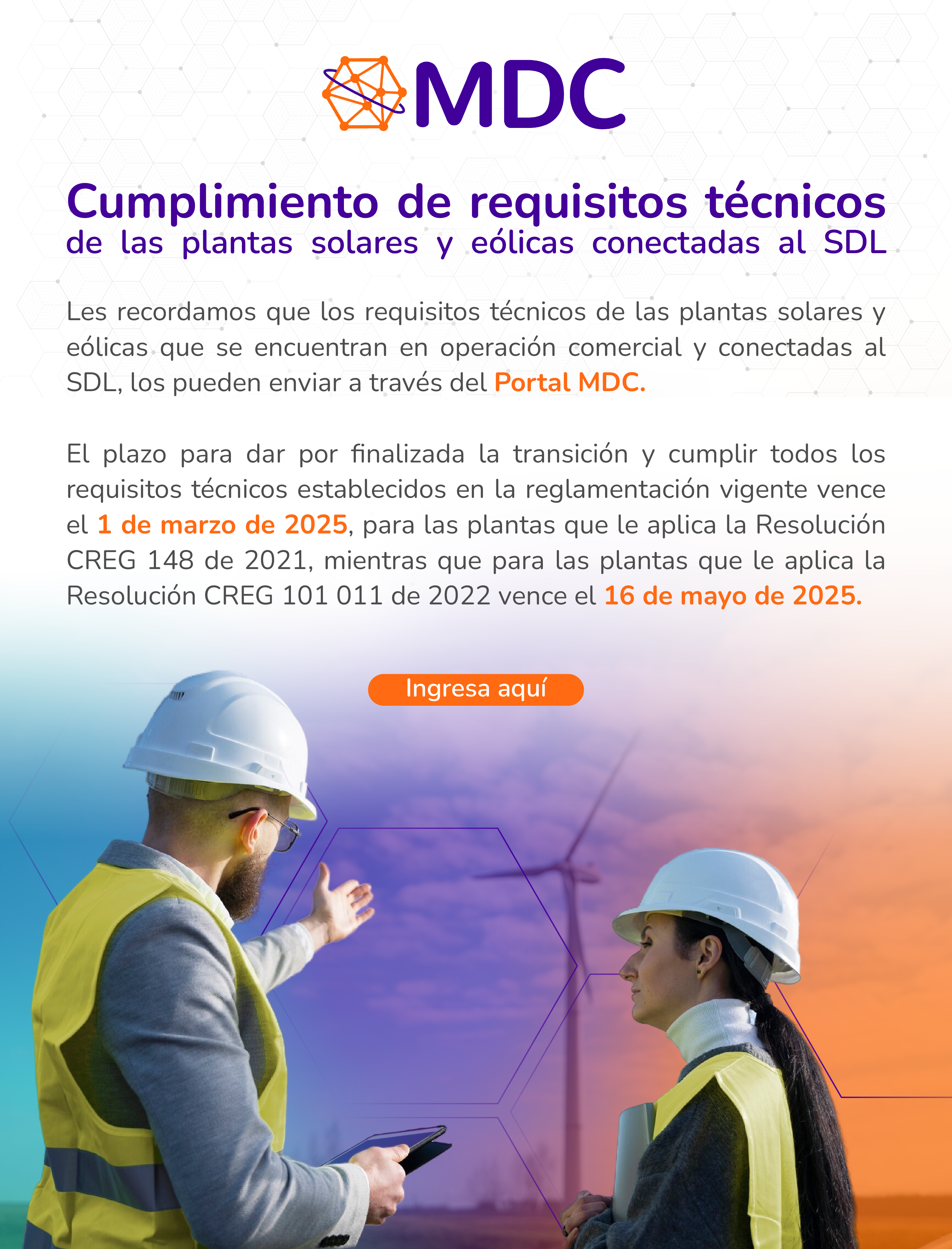 Cumplimiento de requisitos técnicos de las plantas solares y eólicas conectadas al SDL