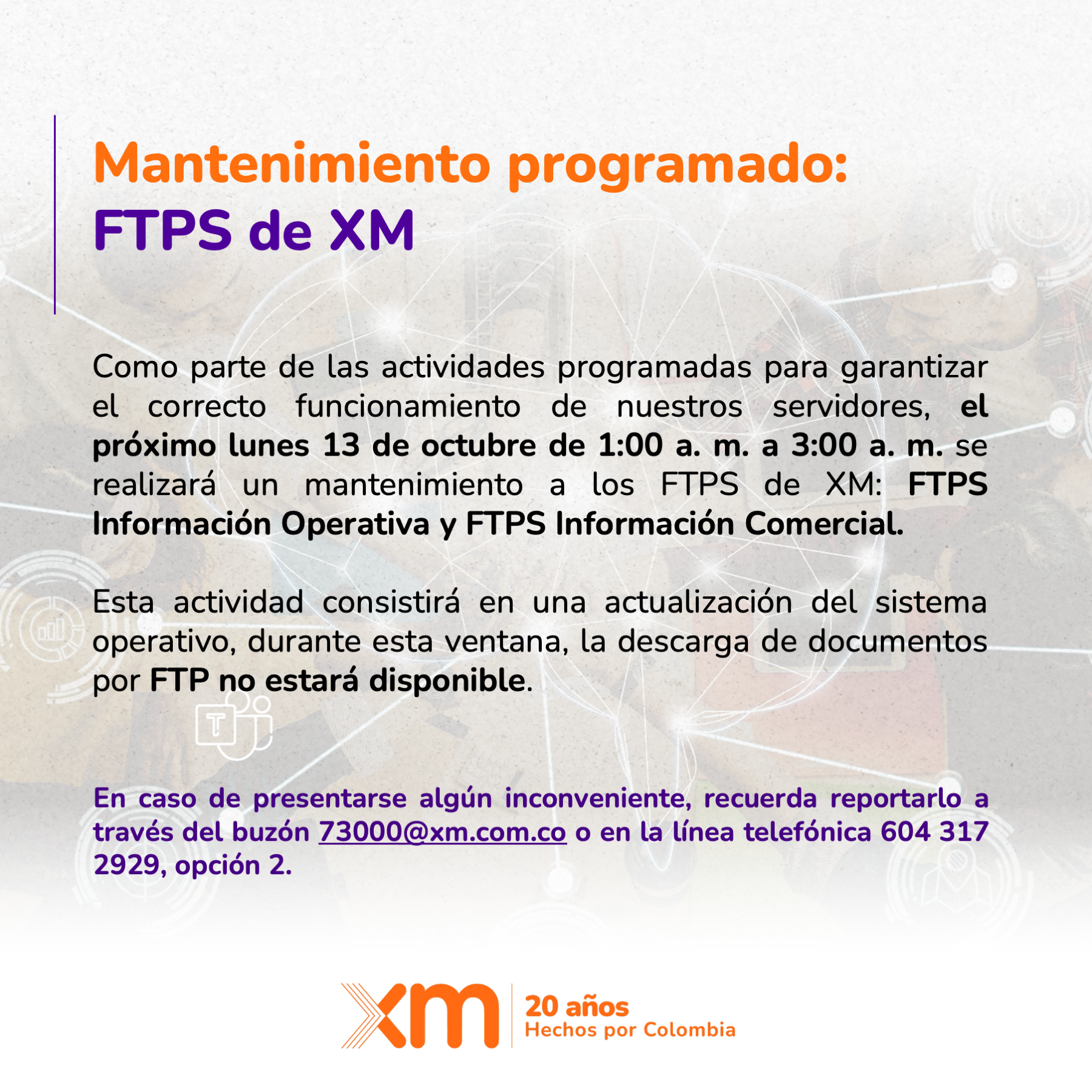 Mantenimiento programado: FTPS de XM