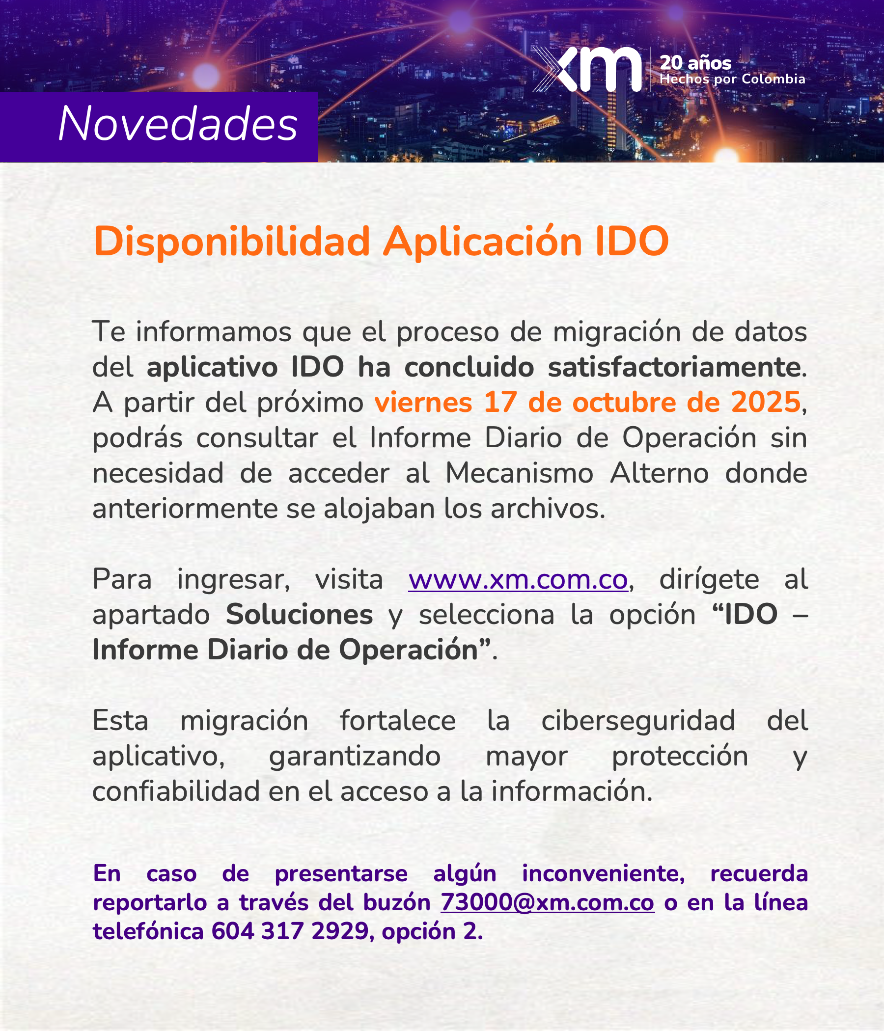 Migración exitosa de IDO - Informe Diario de Operación (17 octubre)