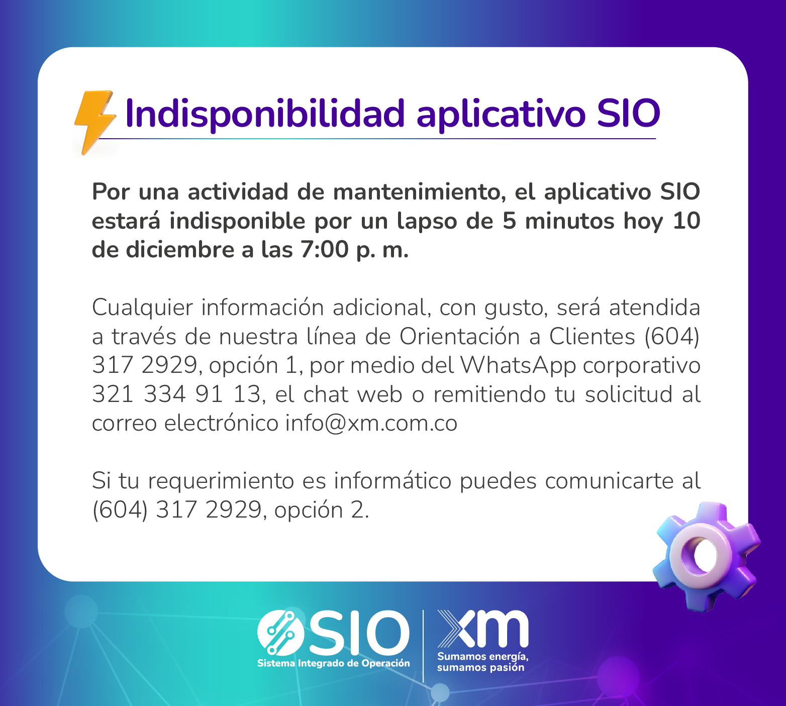 Indisponibilidad el 10 de diciembre aplicativo SIO